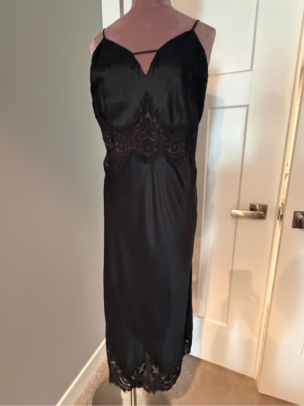 All Saints Black Satin Lace Trim Slip Dress